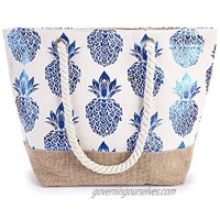 GINBL Large Canvas Pineapple Tote Bag with Zipper for Women Travel Shopping Rope Handle Beach Handbag