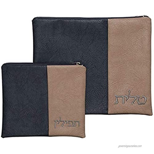Leather Like Tallit and Tefilin Bag set with Plastic Protector - Dark grey and Beige Stripe