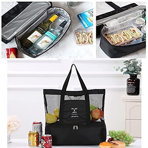 Mesh Beach Tote Bag 16.5 X 14 X 6 inch with Insulated Cooler Bag Large Capacity Picnic Bag with Refrigerator Compartment Oversized Grocery Bag for Pool Travel Shopping Camping
