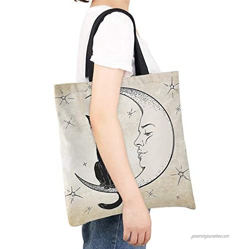 Moslion Cat Tote Bag Black Cat Sits on the Moon Face Stars Canvas Bag Large Shoulder Handbag Reusable Shopping Bags for Women Girls School 15x16 Inch
