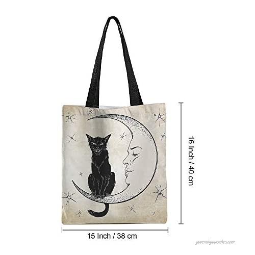 Moslion Cat Tote Bag Black Cat Sits on the Moon Face Stars Canvas Bag Large Shoulder Handbag Reusable Shopping Bags for Women Girls School 15x16 Inch