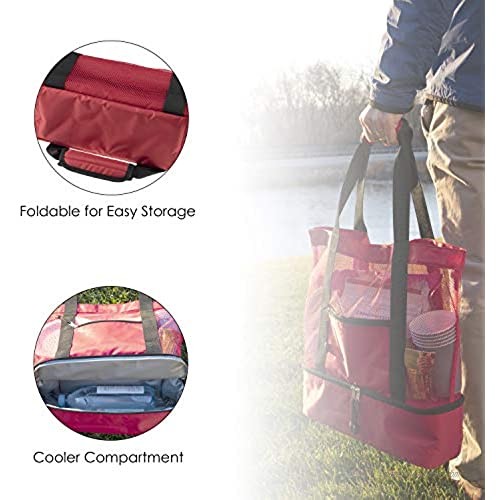 Reliant Outdoor Large Oversized Mesh Beach Bag in Red with Detachable Cooler and Zipper Pockets for Work Beach Camping Travel and Everyday Use