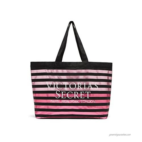Victorias Secret Metallic Striped Canvas Tote Black & Pink