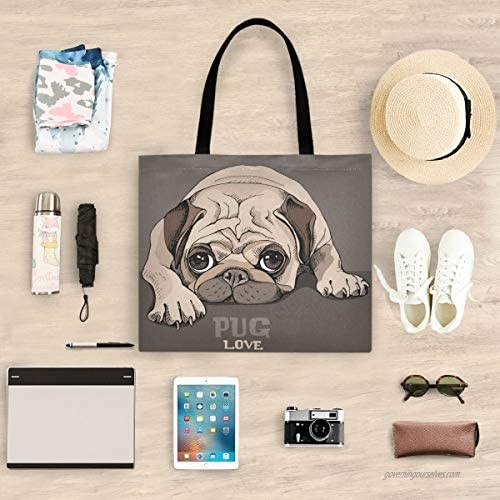 visesunny Women's Large Canvas Tote Shoulder Bag Pug Puppy Cartoon Animal Top Storage Handle Shopping Bag Casual Reusable Tote Bag for Beach Travel Groceries Books