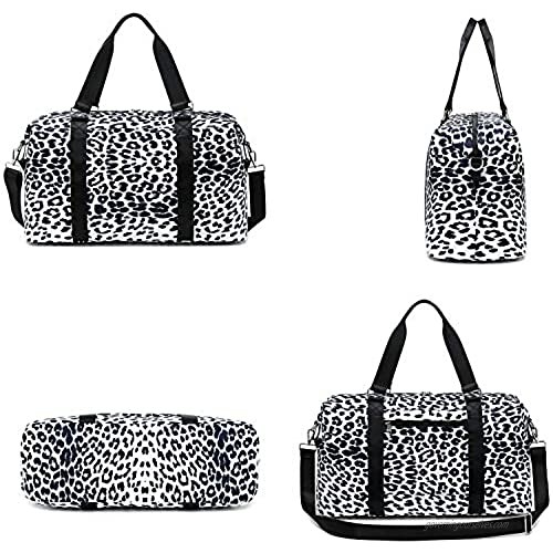 Weekender Bag Ladies Women Canvas Travel Duffel Tote Carry On Shoulder Overnight Bag (Y6015 White Leopard)
