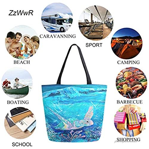 ZzWwR Beautiful Ocean Sea Turtle Extra Large Canvas Shoulder Tote Top Storage Handle Bag for School Gym Beach Weekender Travel Reusable Grocery Shopping