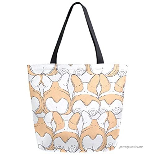 ZzWwR Cute Cartoon Corgi Heart Butt Pattern Extra Large Canvas Shoulder Tote Top Storage Handle Bag for Gym Beach Weekender Travel Reusable Grocery Shopping