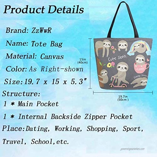 ZzWwR Cute Cartoon Funny Sloth Extra Large Canvas Shoulder Tote Top Storage Handle Bag for School Gym Beach Weekender Travel Reusable Grocery Shopping