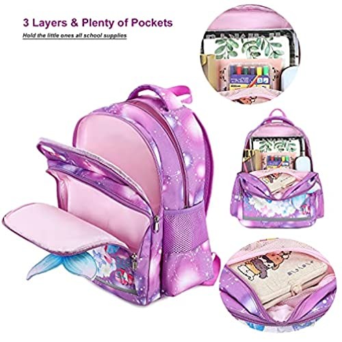 Kids Preschool Backpack Lunch Box Girls Kindergarten BookBag Primary Waterproof Mermaid Galaxy School Bag 7 Pockets with Chest Strap
