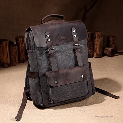 Leather Laptop Backpack Vaschy Casual Canvas Campus School Rucksack with 15.6 inch Laptop Compartment