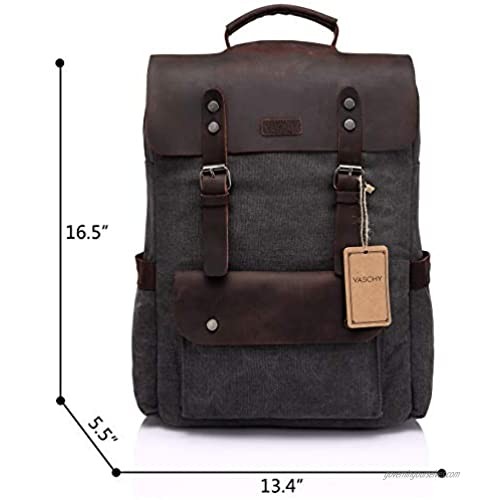 Leather Laptop Backpack Vaschy Casual Canvas Campus School Rucksack with 15.6 inch Laptop Compartment