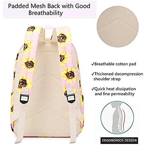 Lmeison Floral Backpack for Wemen Girls Sunflower College Bookbag with Lunch Bag and Pencil Case Lightweight and Waterproof Travel Daypack 15 Laptop Bag for School Pink