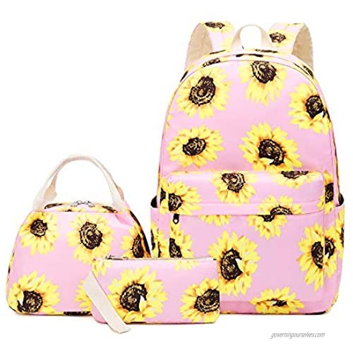 Lmeison Floral Backpack for Wemen Girls Sunflower College Bookbag with Lunch Bag and Pencil Case Lightweight and Waterproof Travel Daypack 15 Laptop Bag for School Pink