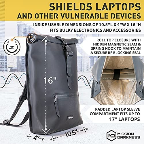 Mission Darkness FreeRoam Faraday Backpack. Stylish Roll Top Bag with Durable Water-Resistant Exterior RF Blocking Liner Padded Laptop Compartment Device Isolation Anti-Tracking EMF Shielding