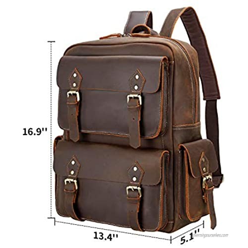 Polare Full Grain Leather Backpack Computer Bag Travel Daypack Satchel Fits 15.6'' Laptop