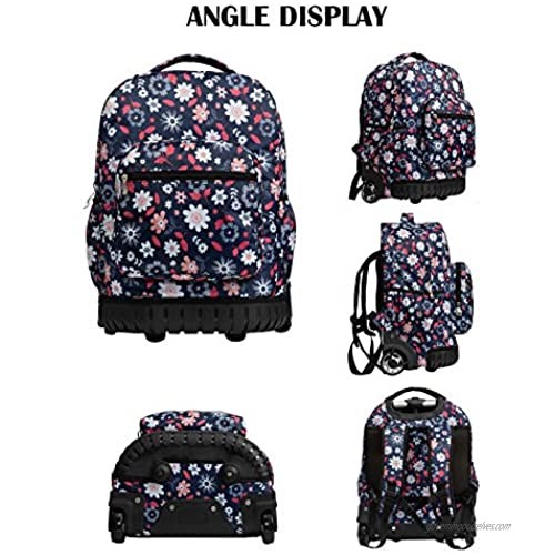 SKYMOVE 18 inches Wheeled Rolling Backpack Multi-Compartment College Books Laptop Bag Business Trip Carry-on Daisies