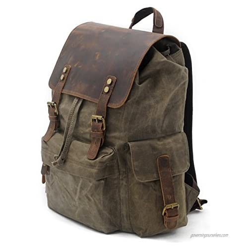 SUVOM Vintage Canvas Genuine Leather Laptop Backpack for Men School Bag 15.6 Water Resistant Travel Rucksack