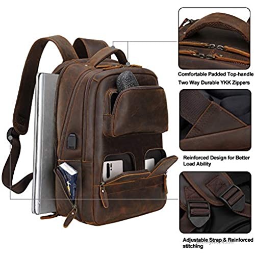 Vintage Brown Genuine Leather Backpack for Men 15.6” Laptop Large Travel Rucksack Bag School Bookbag Daypack for Men Brown