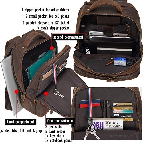 Vintage Brown Genuine Leather Backpack for Men 15.6” Laptop Large Travel Rucksack Bag School Bookbag Daypack for Men Brown