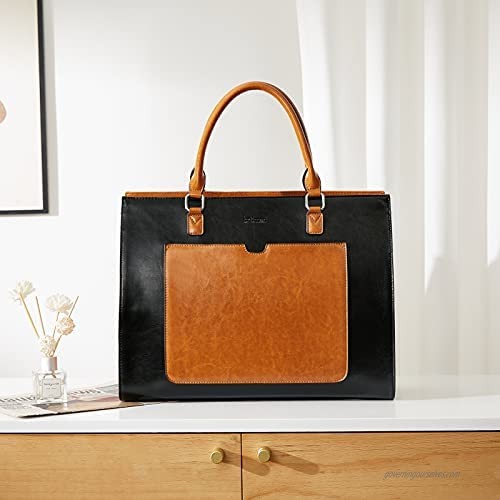 BROMEN Womens Briefcase Leather 15.6 inch Laptop Shoulder Bag Business Tote Handbag Black with Brown
