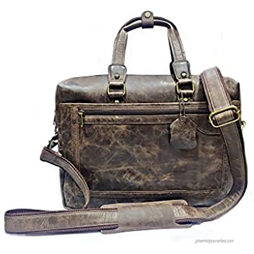 LECCY Handmade Leather Laptop Briefcase Computer Satchel Bag Messenger Bag Business Travel With Front Zipper And Back Pockets