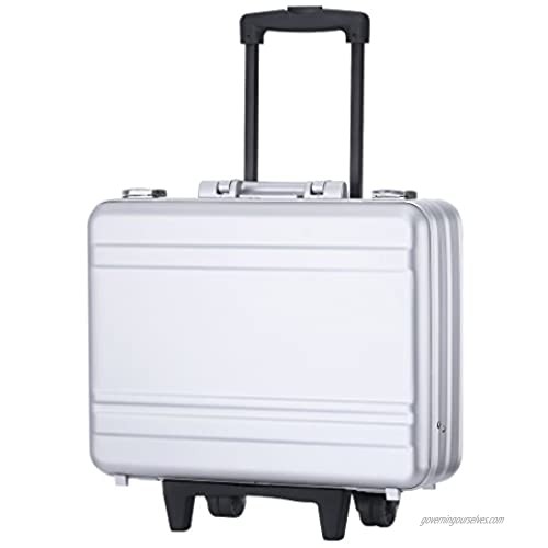 Rolling 17" Laptop Briefcase on Wheels Attache Lawyers Case Legal Size Metal Trolley Portable Tool Chest with Foam (18.1X13.8X6.1 inch  Silver)