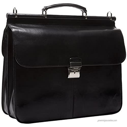 Tony Perotti Mens Italian Leather Top Handle Dowel Rod Double Compartment 15.4 Laptop Business Briefcase Black