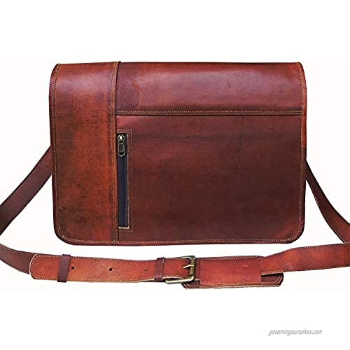 16 Inch Leather Full Flap Messenger Handmade Bag Laptop Bag Satchel Bag Padded Messenger Bag School Brown (16X12)