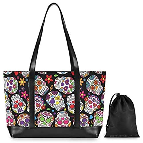 Day Of The Dead Sugar Skull Laptop Tote Bag Fits 15.6 Inch Laptop Womens Lightweight Canvas Leather Tote Bag Shoulder Bag(b17)