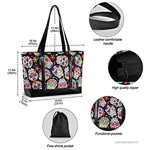 Day Of The Dead Sugar Skull Laptop Tote Bag Fits 15.6 Inch Laptop Womens Lightweight Canvas Leather Tote Bag Shoulder Bag(b17)