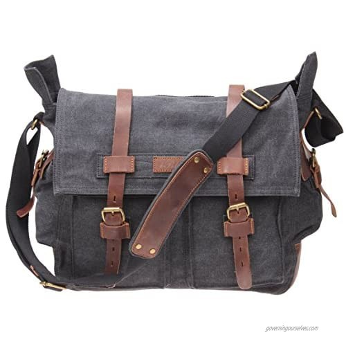 IBLUE Mens X-Large Canvas Messenger Bag Retro Leather Trim Shoulder Bags Laptop Satchel Military Crossbody Bag