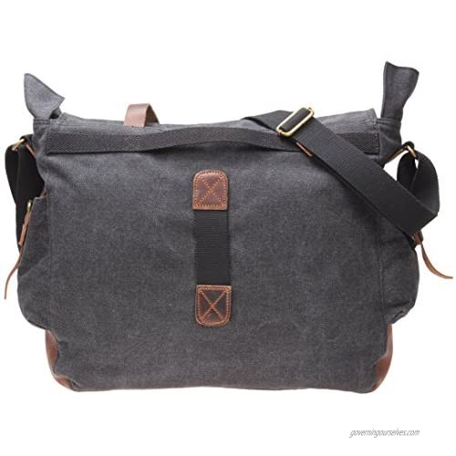 IBLUE Mens X-Large Canvas Messenger Bag Retro Leather Trim Shoulder Bags Laptop Satchel Military Crossbody Bag