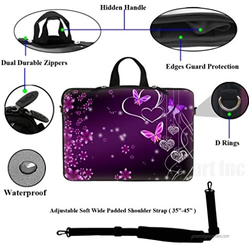 Meffort Inc 17 17.3 inch Neoprene Laptop Sleeve Bag Carrying Case with Hidden Handle and Adjustable Shoulder Strap - Purple Butterfly Heart Design