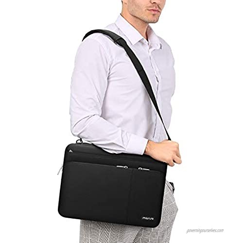 MOSISO 360 Protective Laptop Shoulder Bag Compatible with MacBook Pro/Air 13 13-13.3 inch Notebook Computer Polyester Side Open Briefcase Sleeve with 3 Front Pockets&PU Handle&Trolley Belt Black