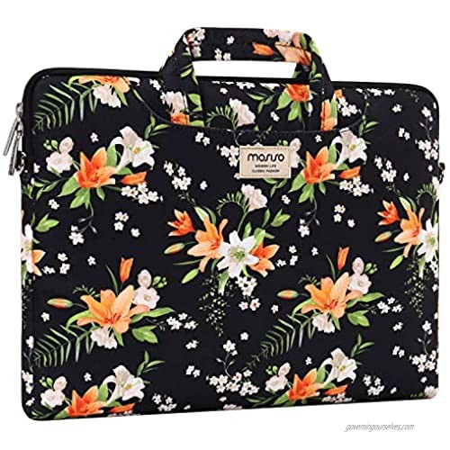 MOSISO Laptop Shoulder Bag Compatible with MacBook Pro 16 inch A2141/Pro Retina A1398 15-15.6 inch Notebook Pattern Briefcase Sleeve with Trolley Belt Lily Black Base