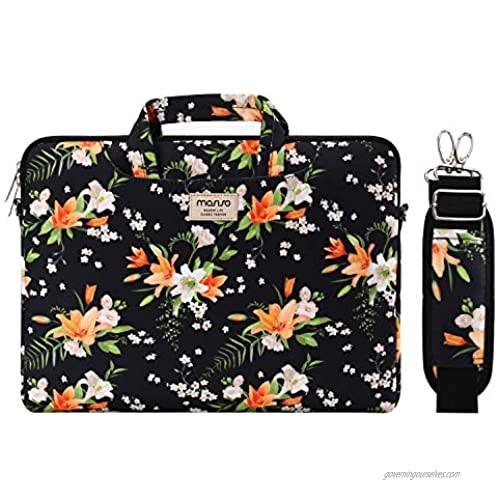 MOSISO Laptop Shoulder Bag Compatible with MacBook Pro 16 inch A2141/Pro Retina A1398  15-15.6 inch Notebook  Pattern Briefcase Sleeve with Trolley Belt  Lily Black Base