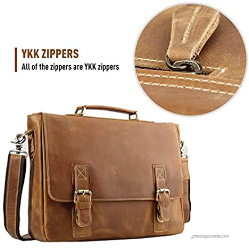 Polare Vintage Full Grain Leather Tote Briefcase Professional 16'' Laptop Shoulder Messenger Bag with YKK Metal Zippers (Light Brown)